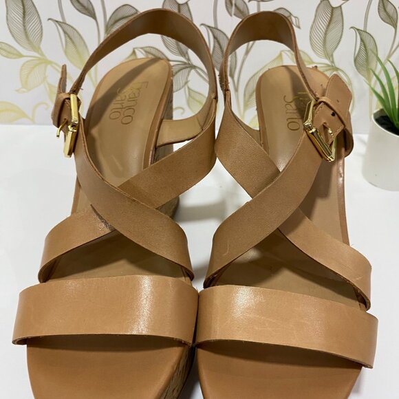 Franco Sarto Wedge Sandals With Straps & Cork Heel - Size 8 - Tan Leather Upper - Picture 9 of 12